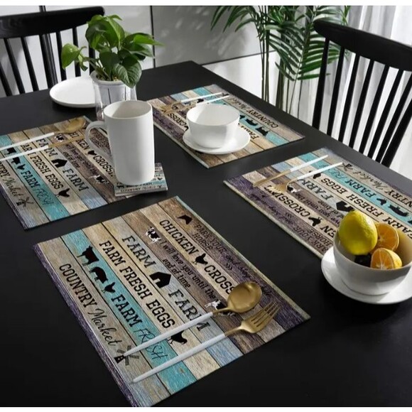 4 Piece Placemat Set Farmhouse 12x18in Woven Polyester Chicken Crossing Country - Picture 2 of 2